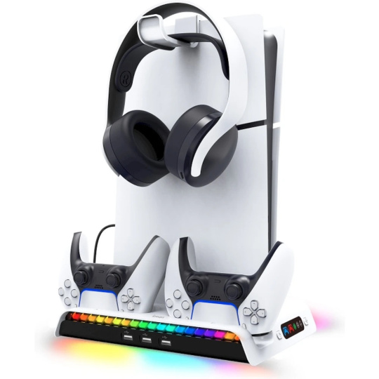 iPega P5S006 Multifunkční Nabíjecí RGB Stojan s Chlazením pro PS5 Slim White